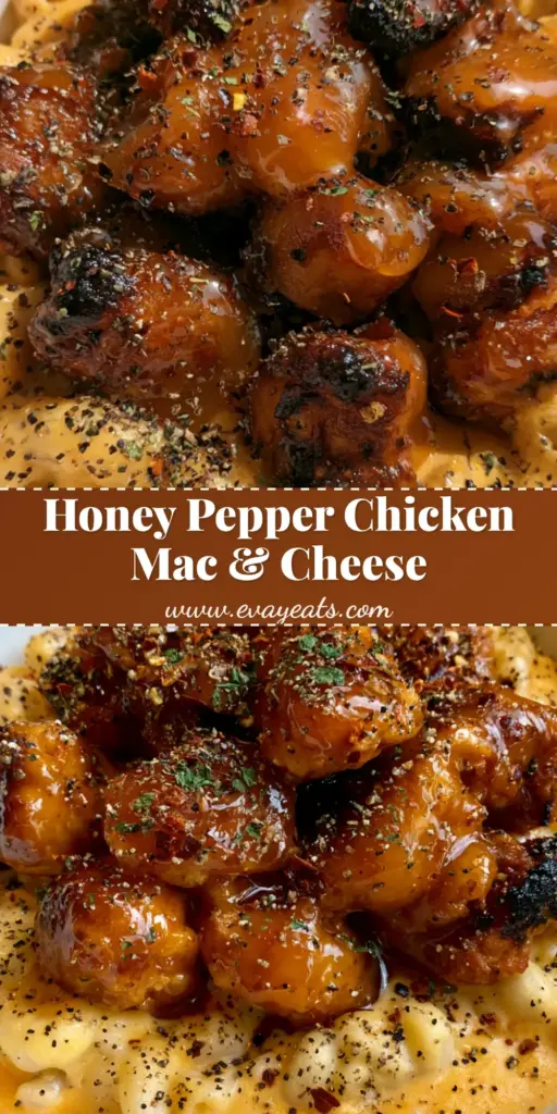 Honey Pepper Chicken Mac and Cheese: The Ultimate Sweet and Spicy Comfort Food 3 A top-down view of Honey Pepper Chicken Mac and Cheese in a white bowl, showing sticky honey-glazed chicken and thick orange sauce.