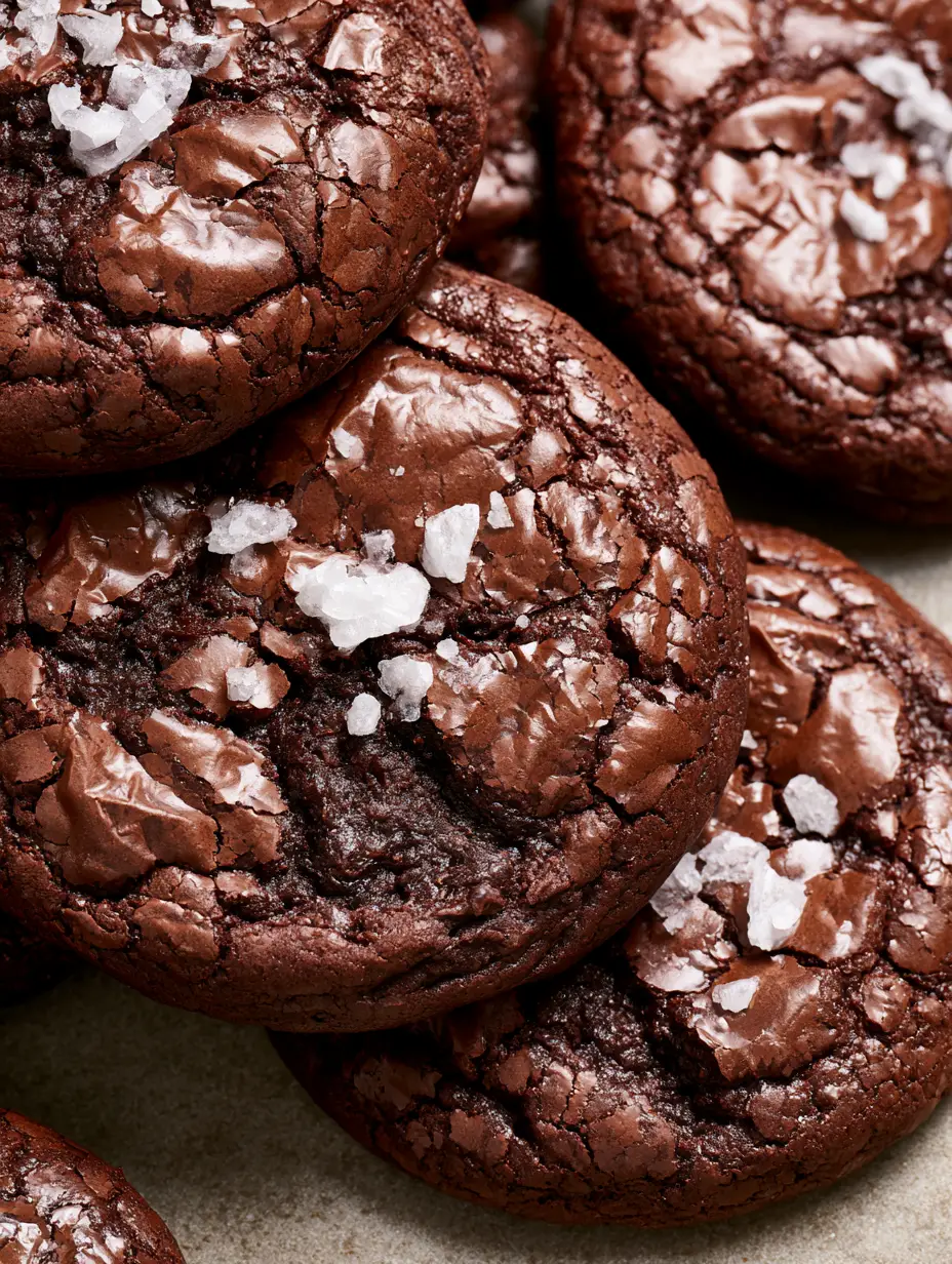 Close-up of a Brownie Cookie showing organic cracks and fissures in a thin, reflective chocolate crust.