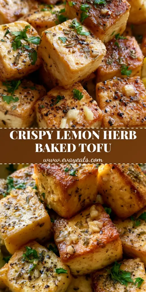 Lemon Herb Baked Tofu: The Ultimate Crispy and Zesty Plant-Based Protein 3 A tall Pinterest pin image showing golden-brown baked tofu cubes with crispy seared edges and lemon wheels. (Lemon Herb Baked Tofu)