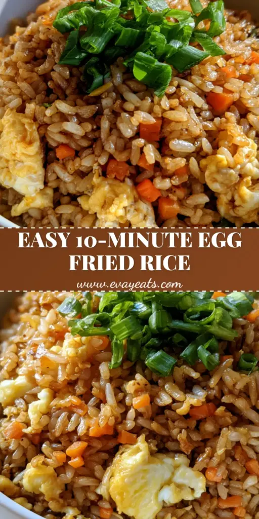 A close-up shot of Egg Fried Rice in a white bowl featuring golden-brown grains, large yellow egg curds, and green scallions.