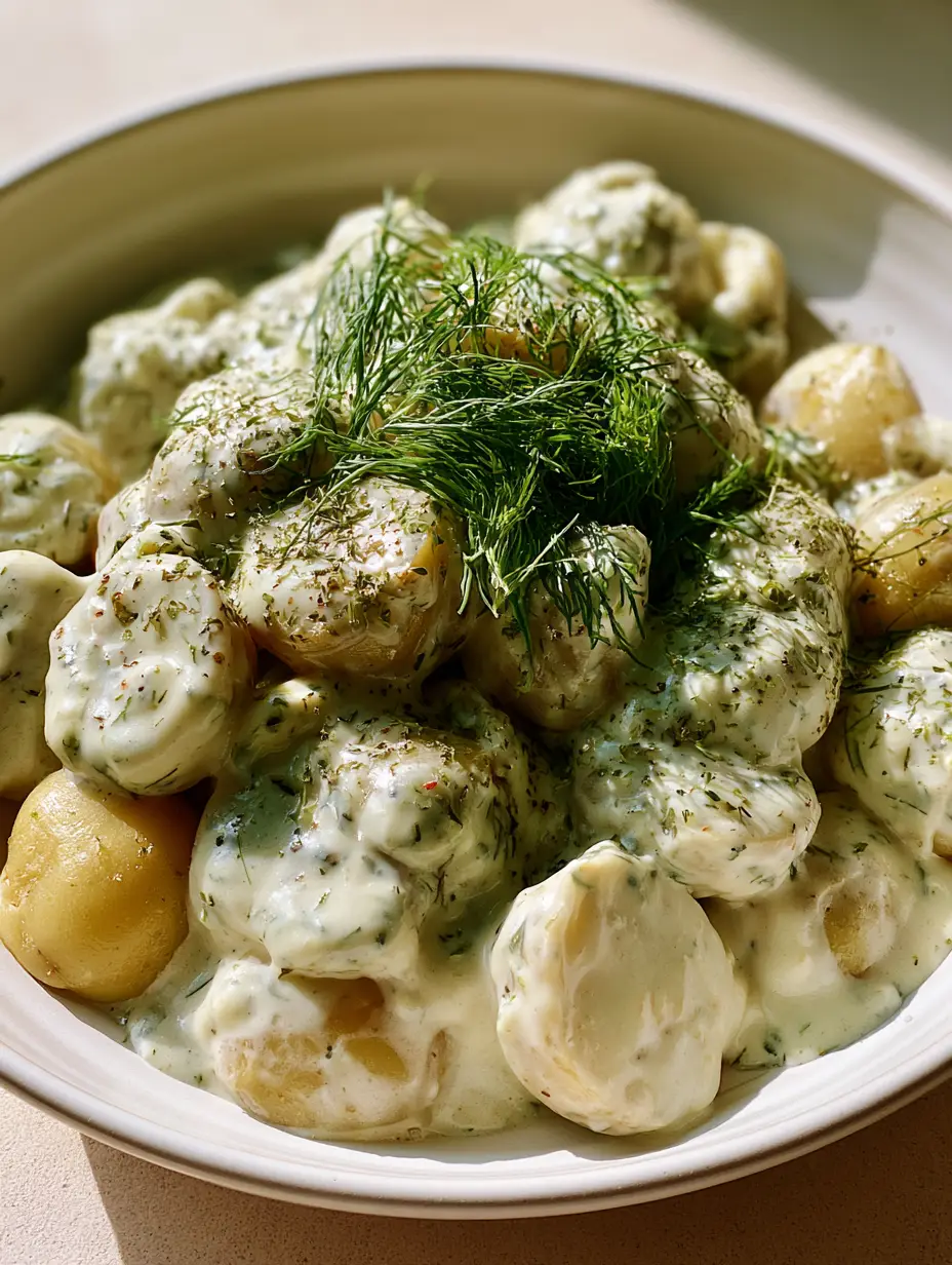 Close up handheld photo of Creamy Garlic Baby Potatoes with golden skins and fresh dill sprigs. (Creamy Garlic Baby Potatoes)