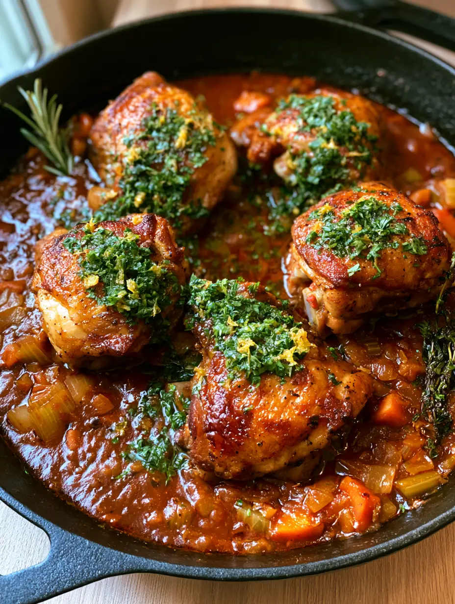 Close up of seared bone-in chicken thighs in a thick reddish-brown sauce with carrots and celery in a cast iron skillet. (Chicken Osso Buco)