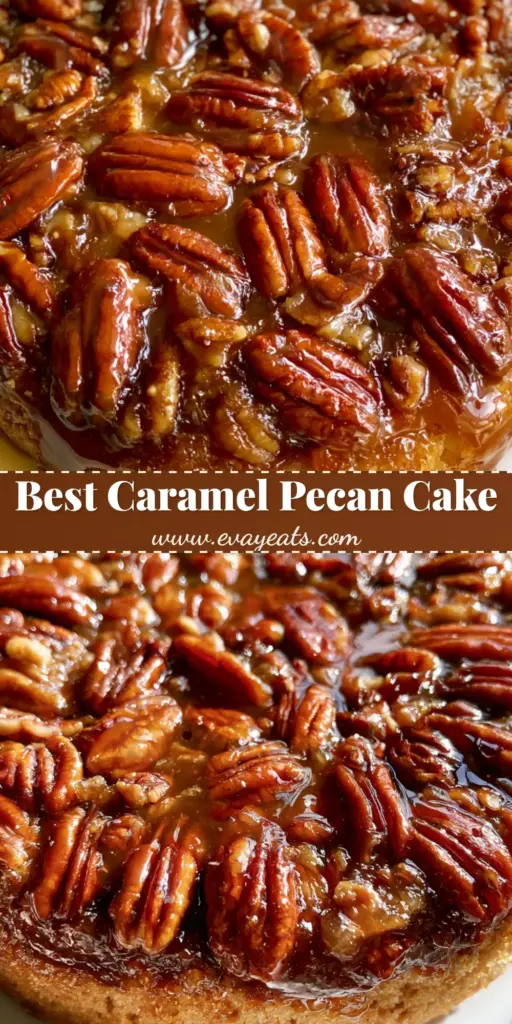 A vertical shot of a Pecan Upside Down Cake featuring a glossy amber caramel glaze and whole pecans on a white plate.