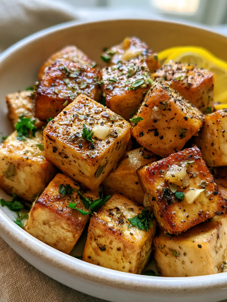 Lemon Herb Baked Tofu: The Ultimate Crispy and Zesty Plant-Based Protein 4 Close-up of golden-brown baked tofu cubes with visible oregano and garlic in a stoneware bowl. (Lemon Herb Baked Tofu)