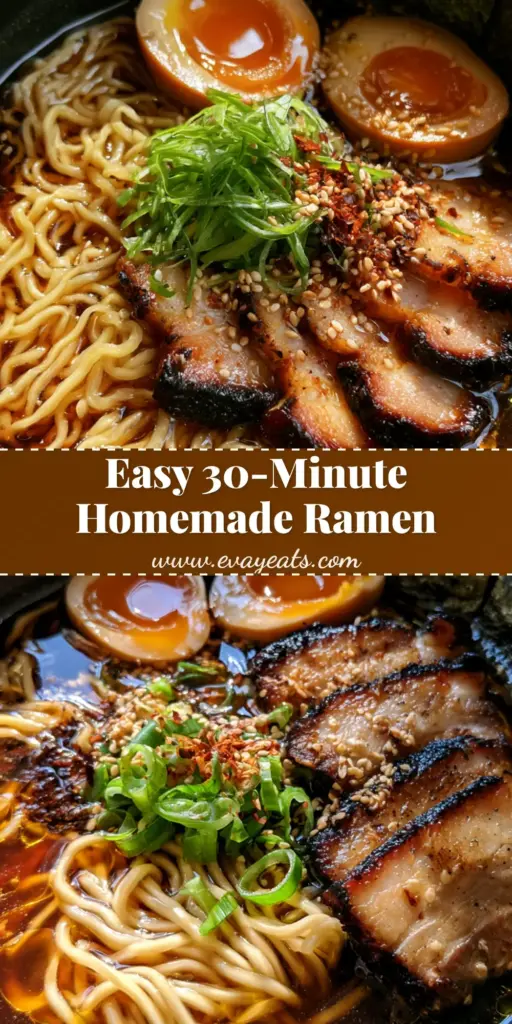 A steaming bowl of Homemade Ramen Recipe with dark savory broth, seared pork belly, and jammy eggs in a black ceramic bowl.