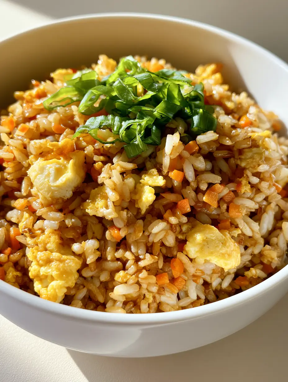 A smartphone photo of a white ceramic bowl filled with Egg Fried Rice, glistening with sesame oil and topped with scallions.