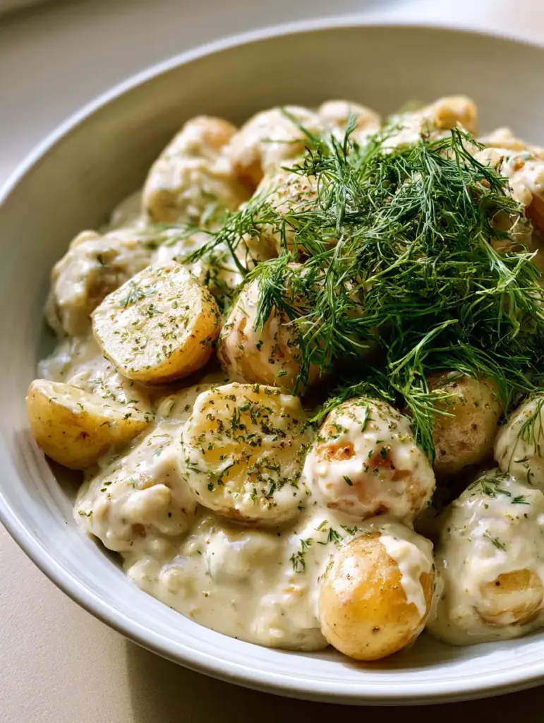 Halved boiled baby potatoes smothered in a thick garlic cream sauce in a white ceramic bowl.