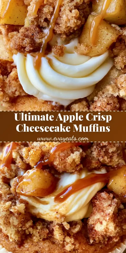 Apple Crisp Cheesecake Muffins: The Ultimate Bakery-Style Fall Treat 3 A handheld photo of a golden-brown Apple Crisp Cheesecake Muffin with thick caramel drizzle, chunky streusel, and a visible cream cheese swirl in a white paper liner.
