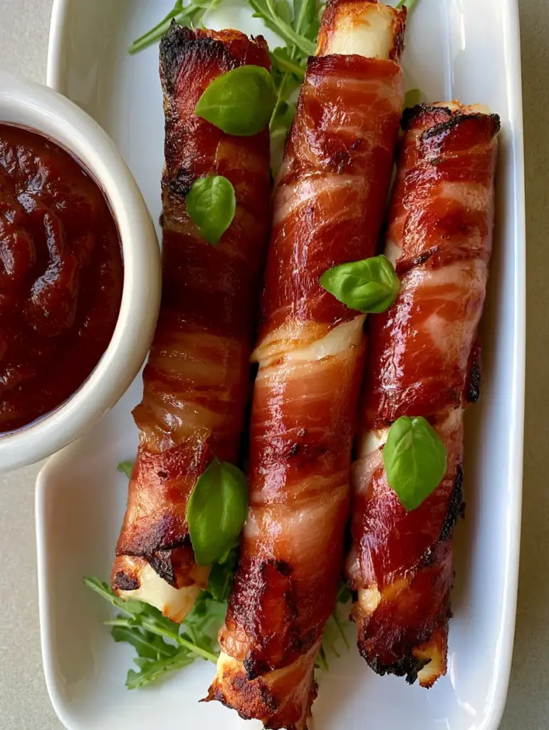 Prosciutto Wrapped Mozzarella with Crispy Charred Edges 1 Three seared mozzarella sticks wrapped in prosciutto arranged in a white dish with a side of red marinara.