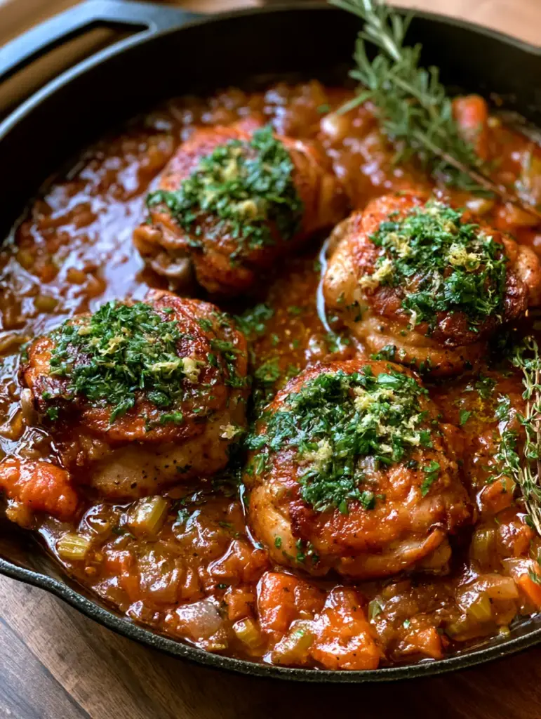 Overhead view of Chicken Osso Buco in a black cast iron skillet showing the fresh parsley and lemon zest garnish.