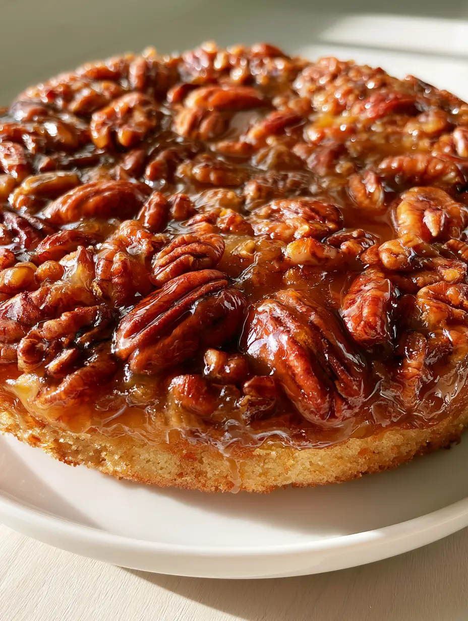 A whole Pecan Upside Down Cake showing a dense layer of whole and halved pecans in amber caramel sauce.
