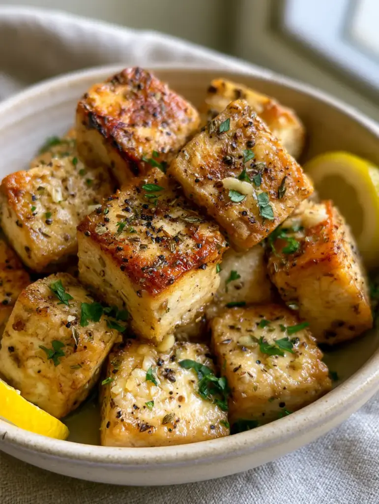 Lemon Herb Baked Tofu: The Ultimate Crispy and Zesty Plant-Based Protein 1 Golden-brown baked tofu cubes garnished with fresh parsley and yellow lemon wheels. (Lemon Herb Baked Tofu)