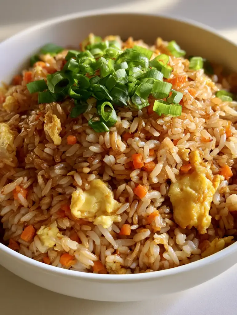 Top down view of Egg Fried Rice showing the individual long-grain rice particles and diced orange carrots.