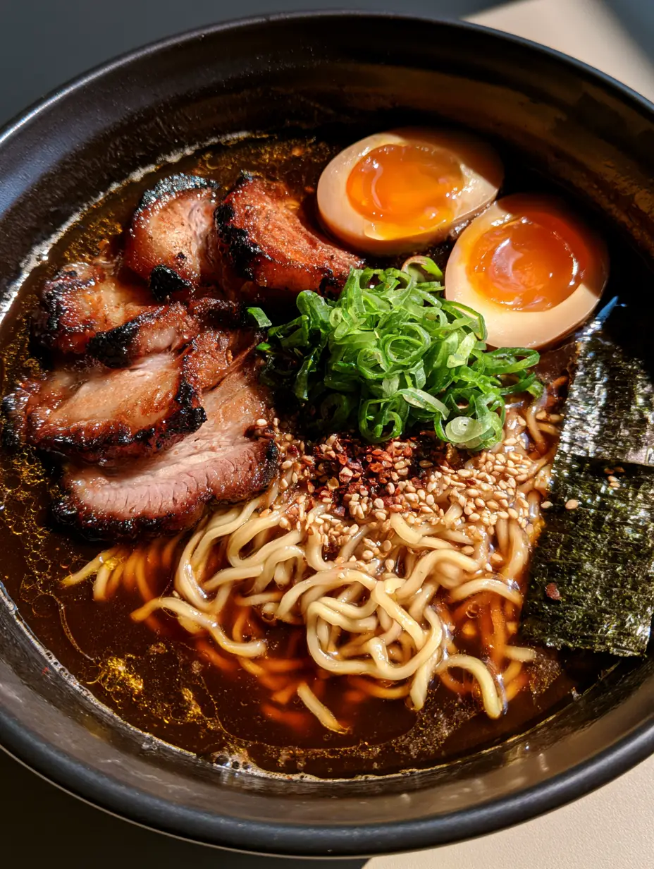 Close up of Homemade Ramen Recipe showing wavy noodles and oil droplets on a glossy brown broth.