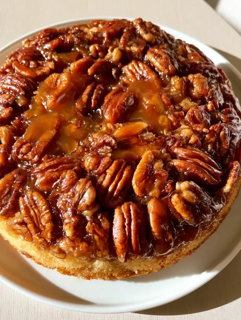 Close up of the moist golden sponge cake layer of the Pecan Upside Down Cake.