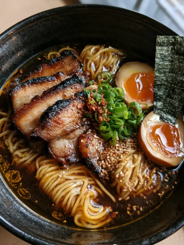 A top-down view of Homemade Ramen Recipe with seared pork belly, green scallions, and nori strips.