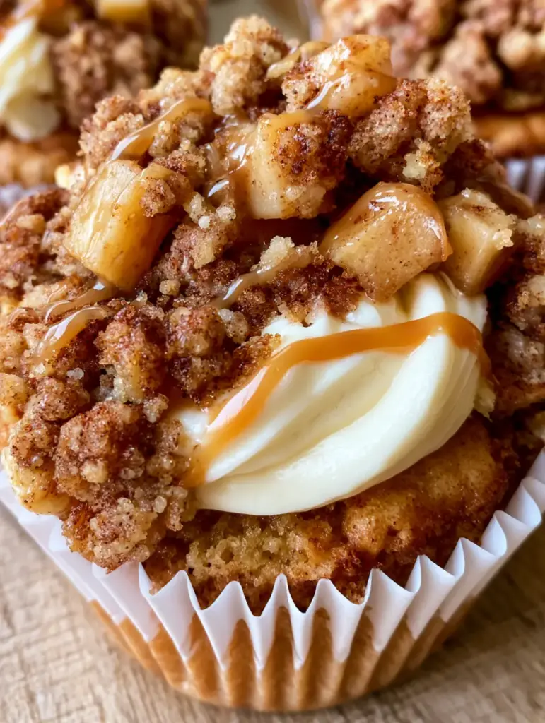 Apple Crisp Cheesecake Muffins: The Ultimate Bakery-Style Fall Treat 1 A smartphone photo of several Apple Crisp Cheesecake Muffins on a wooden tabletop with glossy amber caramel drizzle.