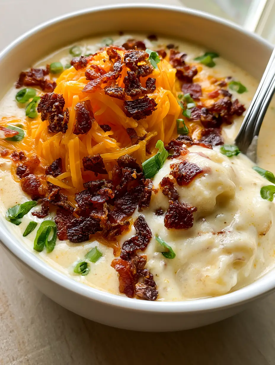 Close up of creamy ivory potato soup in a white bowl with soft potato chunks and melting cheese. (Crock Pot Crack Potato Soup)
