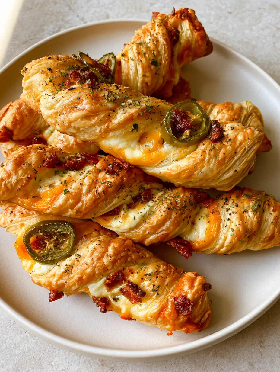 Close up handheld smartphone photo of Jalapeño Popper Twists with glossy egg wash and visible bacon bits.