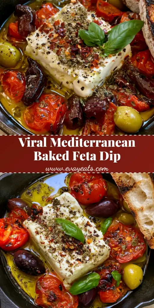 Mediterranean Baked Feta with Blistered Tomatoes and Olives 4 A top-down view of Mediterranean Baked Feta in a cast iron skillet with blistered tomatoes, olives, and charred sourdough bread.