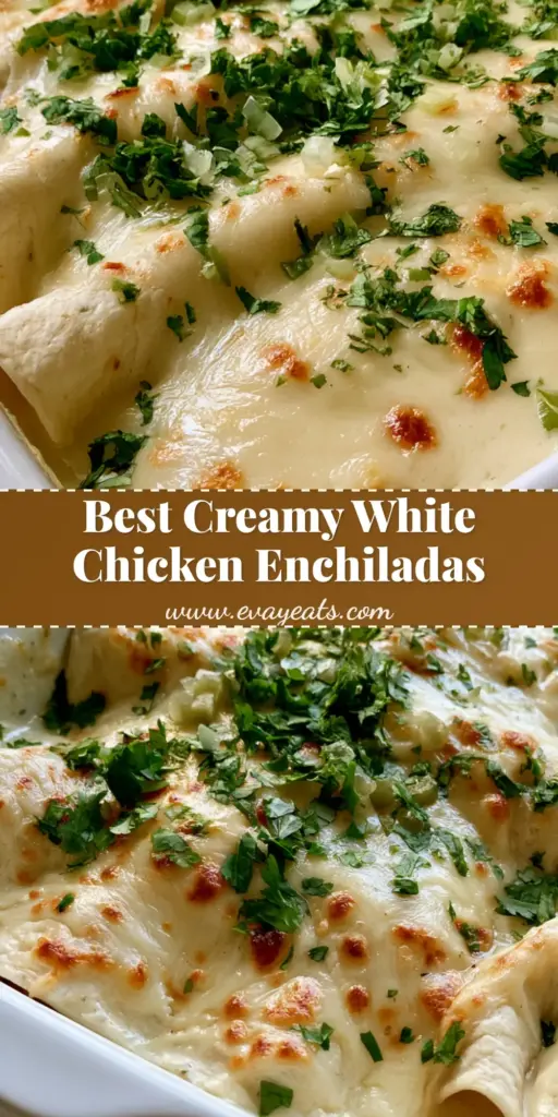 A white ceramic baking dish filled with White Chicken Enchiladas submerged in glossy ivory cream sauce and bubbly Monterey Jack cheese with golden-brown spots.