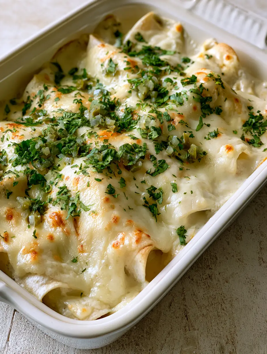 Close up of White Chicken Enchiladas in a white ceramic dish showing the thick white cream sauce and melted Monterey Jack cheese.