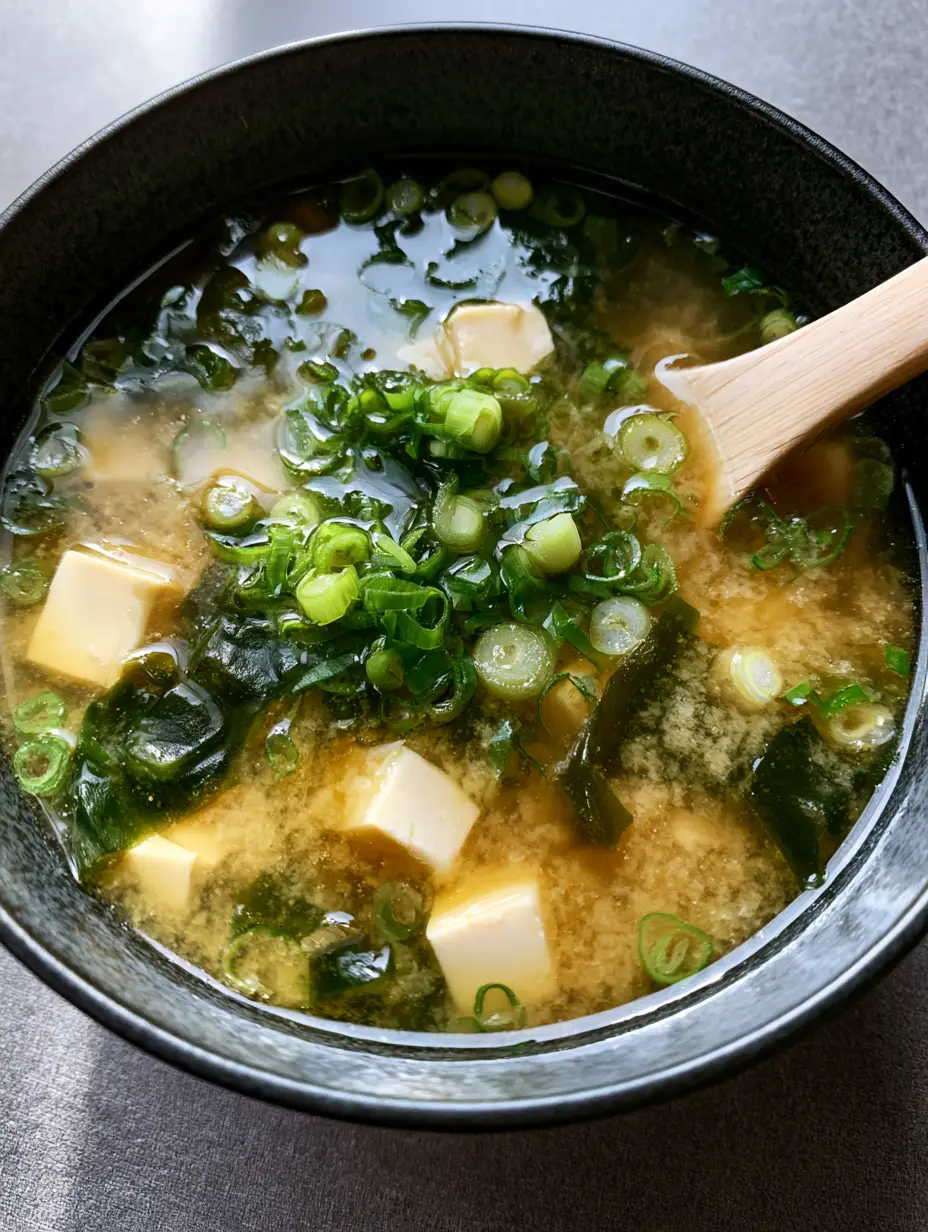 Close-up of golden-brown miso broth with visible swirls of miso paste and cubes of white silken tofu. (Miso Soup Recipe)