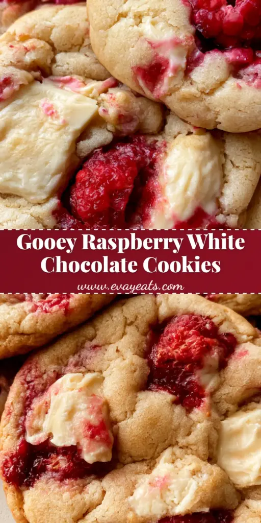 A cluster of thick, soft-baked Raspberry White Chocolate Cookies with melted white chocolate chunks and jammy red raspberries on a light surface.