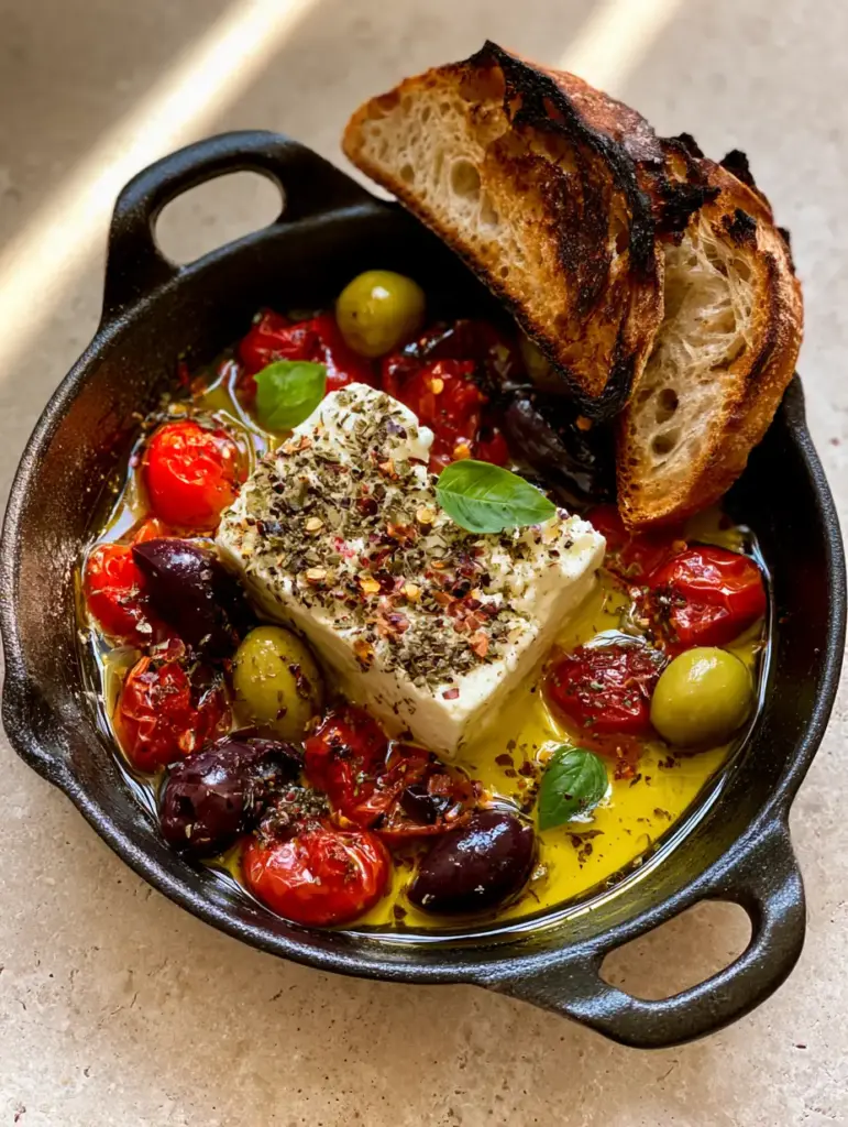 Mediterranean Baked Feta with Blistered Tomatoes and Olives 2 Softened block of white feta cheese surrounded by oil, red cherry tomatoes, and green olives in a black skillet. (Mediterranean Baked Feta)