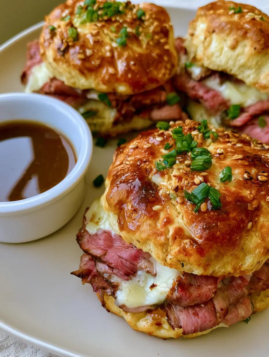A handheld smartphone photo showing the cross-section of a French Dip Biscuit with layers of warm roast beef and gooey white cheese.