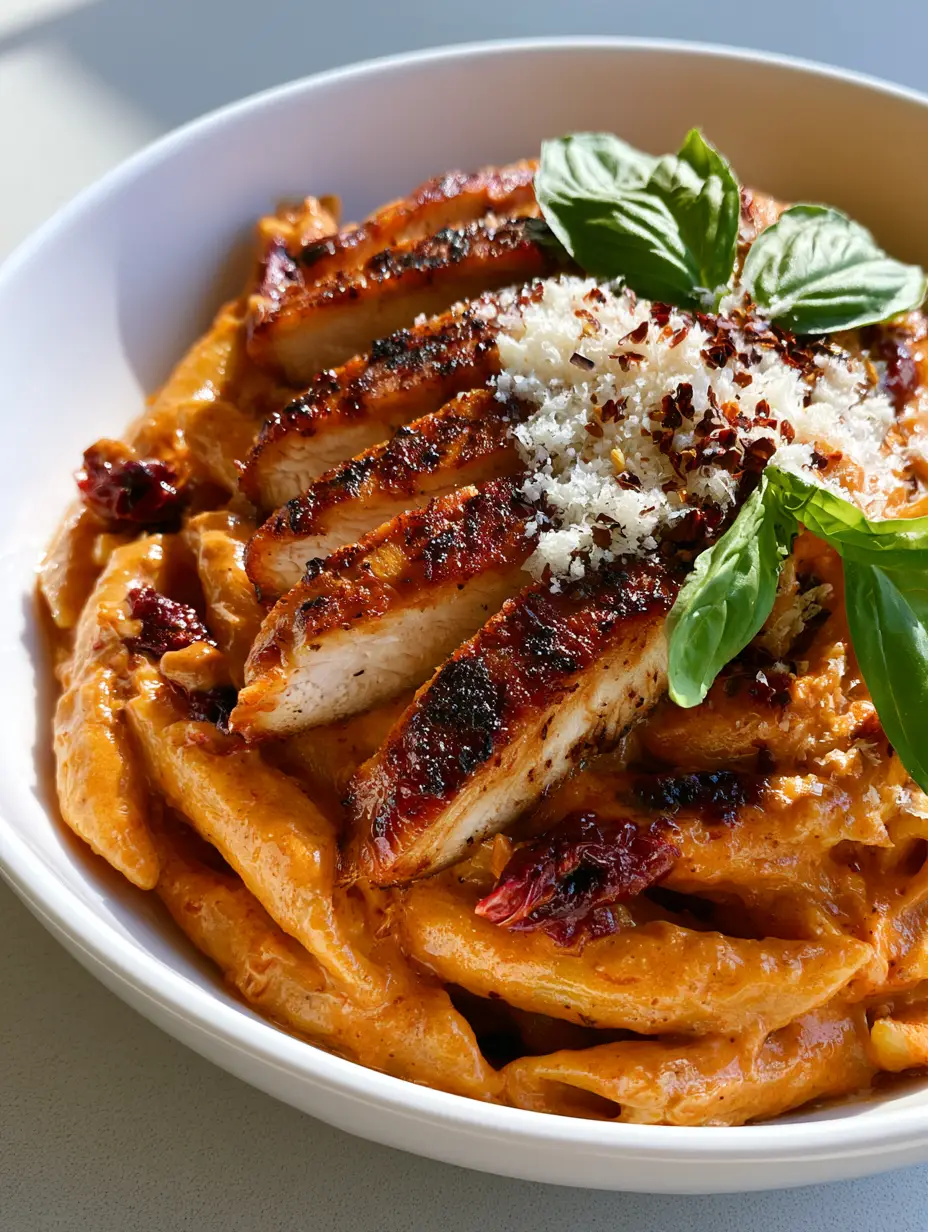 Marry Me Chicken Pasta with Creamy Sun-Dried Tomato Sauce 3 Top-down handheld photo of Marry Me Chicken Pasta with golden-brown chicken and red pepper flakes. (Marry Me Chicken Pasta)