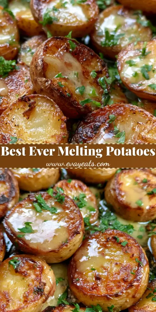 A top-down view of Melting Potatoes in a cast iron skillet with golden-brown charred edges and a garlic butter sauce garnish.