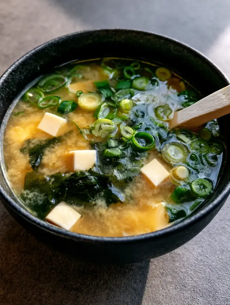Traditional Japanese miso soup in a black bowl garnished with bright green scallion rings and a wooden spoon. (Miso Soup Recipe)