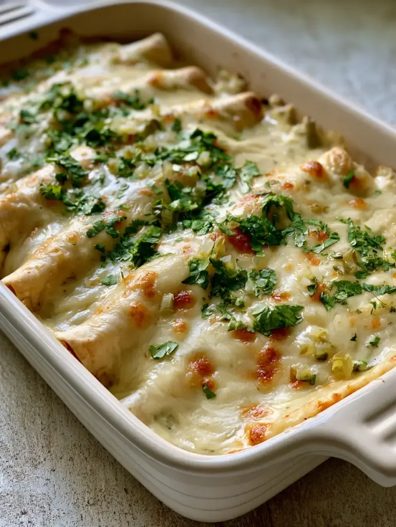 Tightly rolled White Chicken Enchiladas garnished with translucent green chiles and fresh green cilantro leaves.