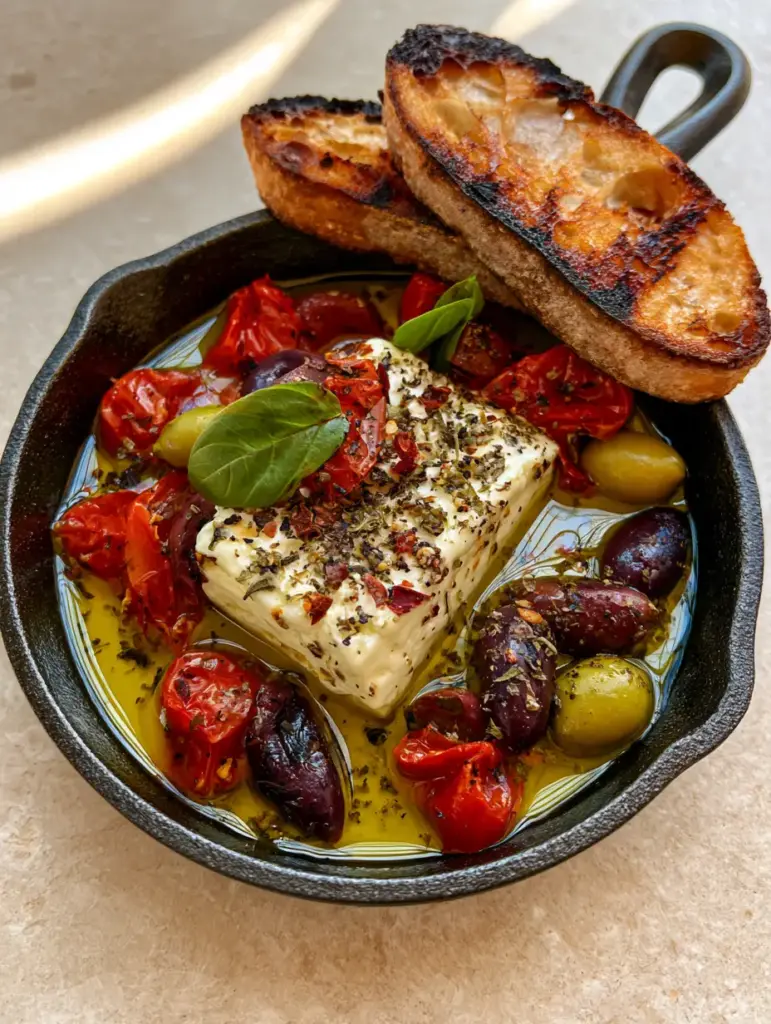 Mediterranean Baked Feta with Blistered Tomatoes and Olives 1 Mediterranean Baked Feta served with charred sourdough bread on a light stone countertop.