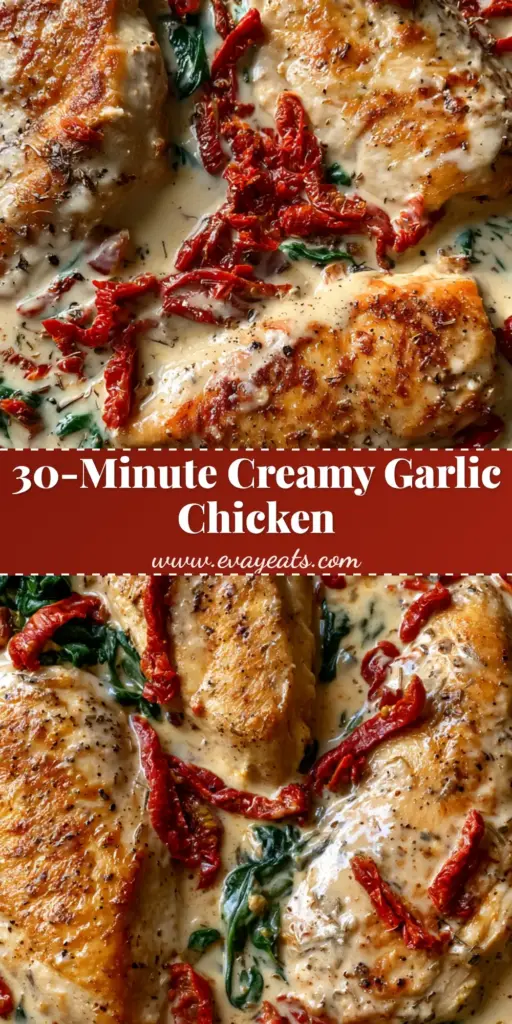 A rustic black skillet featuring three golden-brown seared chicken breasts in a thick ivory garlic parmesan sauce with sun-dried tomatoes and spinach. (Creamy Sun-Dried Tomato Garlic Chicken)