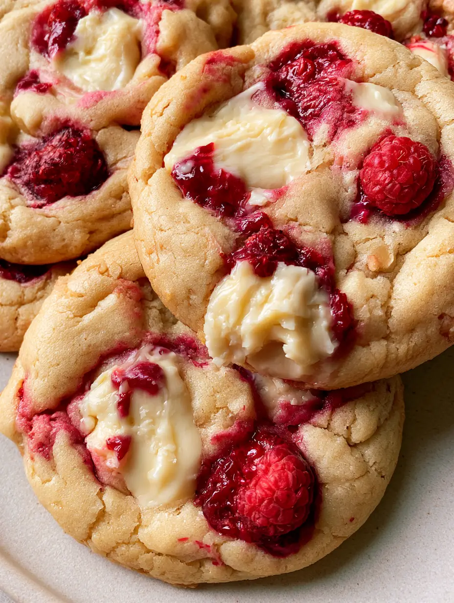 Close-up of a soft-baked cookie showing pink raspberry juice swirls and ivory white chocolate chunks.