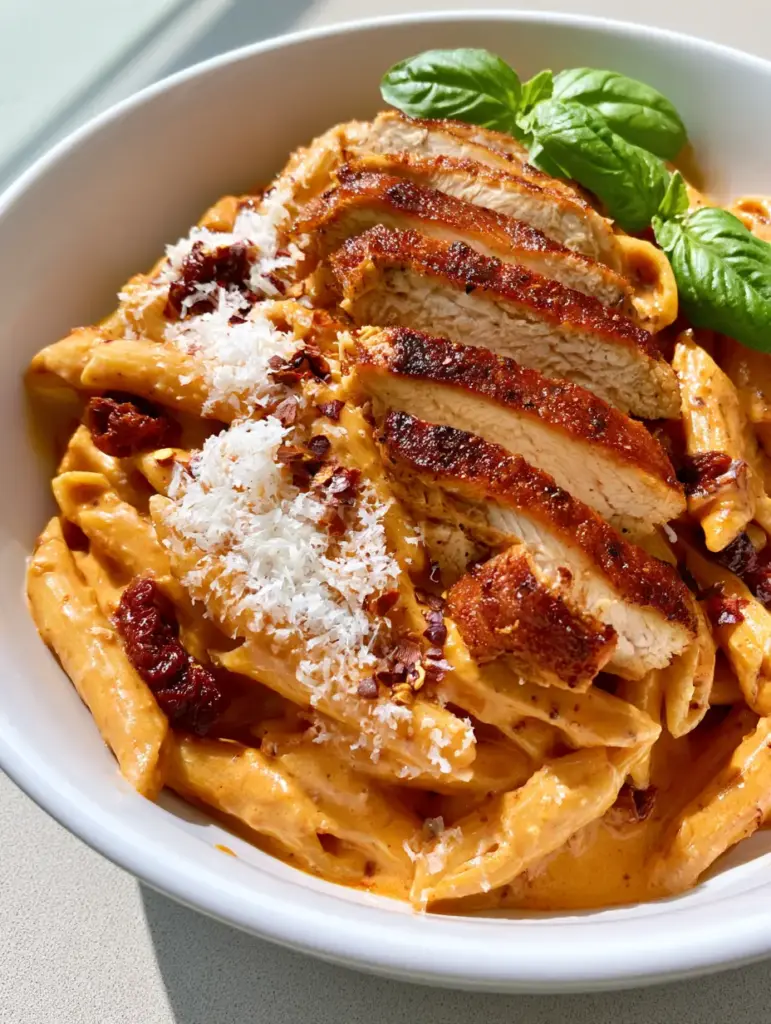 Marry Me Chicken Pasta with Creamy Sun-Dried Tomato Sauce 1 Detailed shot of penne pasta tossed in a glossy orange sun-dried tomato cream sauce with fresh basil garnish.