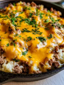 Close-up of melted golden cheddar cheese bubbling over browned ground beef and white rice grains. (Cheesy Hamburger Rice Casserole)