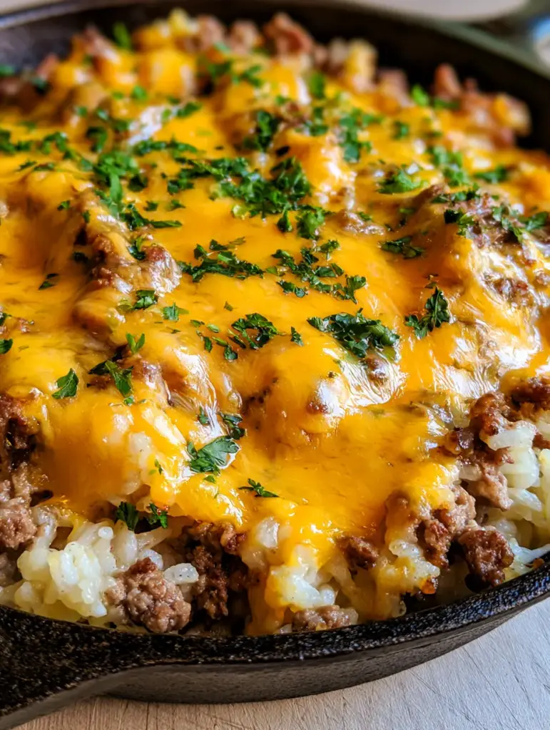 Close-up of melted golden cheddar cheese bubbling over browned ground beef and white rice grains. (Cheesy Hamburger Rice Casserole)