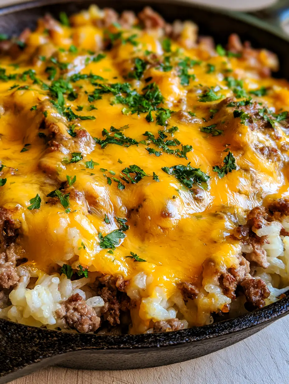 Close-up of melted golden cheddar cheese bubbling over browned ground beef and white rice grains. (Cheesy Hamburger Rice Casserole)