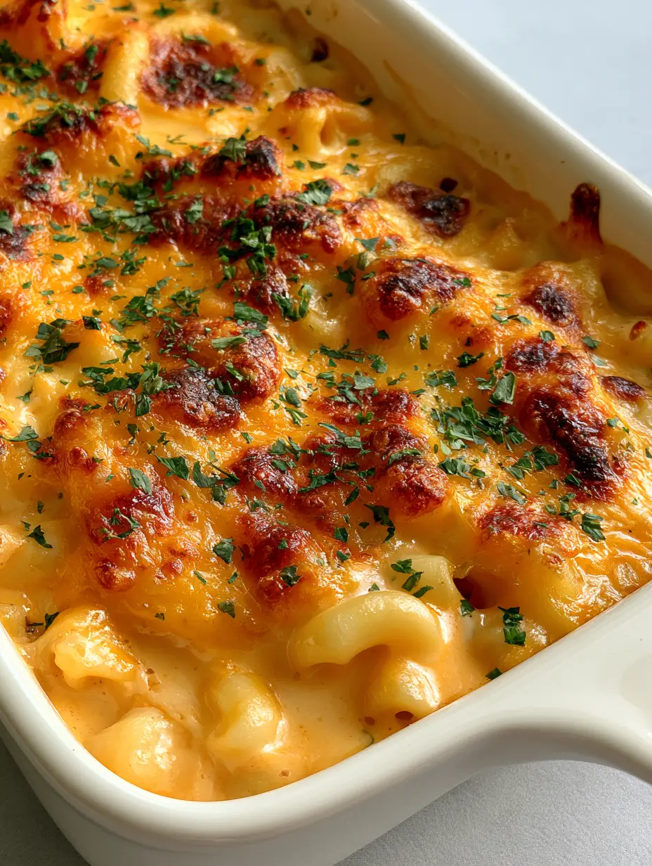 Close up handheld photo of creamy Baked Macaroni and Cheese showing the glossy orange sauce and toasted cheese patches.