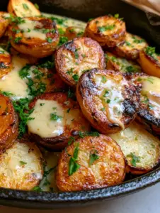 Close-up of thick-cut round Melting Potatoes roasted to a deep golden brown with fresh parsley scattered on top.