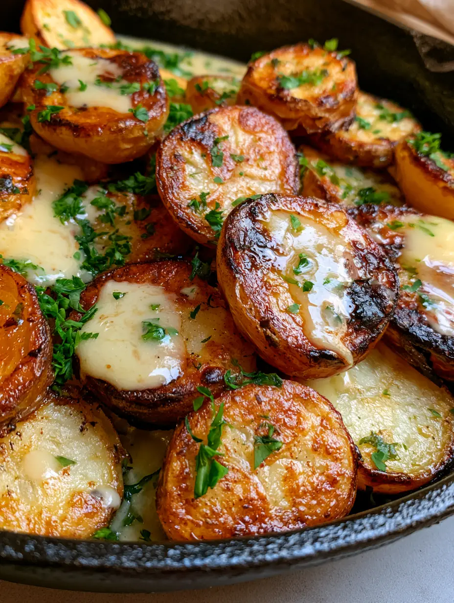 Close-up of thick-cut round Melting Potatoes roasted to a deep golden brown with fresh parsley scattered on top.