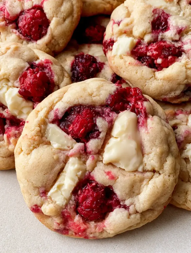 Stacked Raspberry White Chocolate Cookies with a matte, cracked surface and large chocolate pieces.