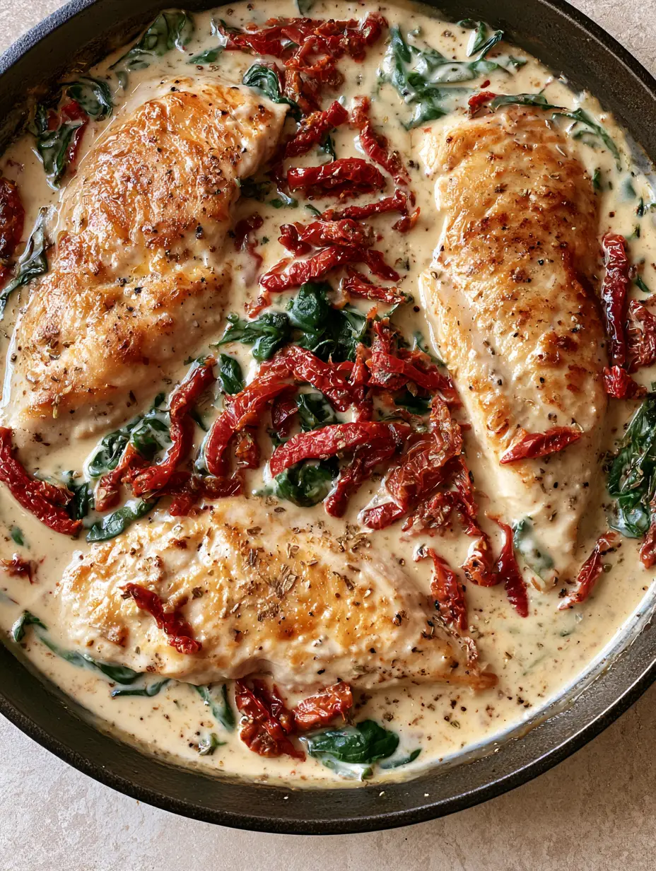 Top-down view of Creamy Sun-Dried Tomato Garlic Chicken in a black skillet with vibrant red tomatoes and green spinach. (Creamy Sun-Dried Tomato Garlic Chicken)