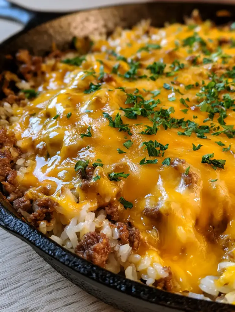 Top-down view of a Cheesy Hamburger Rice Casserole in a cast iron skillet with green parsley scattered over melted cheese.
