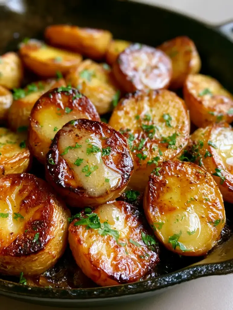 A sizzling skillet of Melting Potatoes glistening with a pale garlic butter sauce and green parsley.