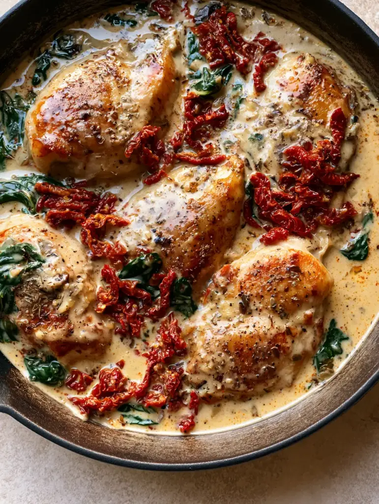 Close-up of the thick garlic parmesan sauce with julienned sun-dried tomatoes and cracked black pepper flecks.