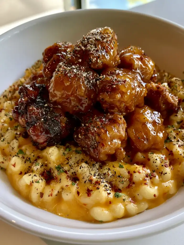 Honey Pepper Chicken Mac and Cheese: The Ultimate Sweet and Spicy Comfort Food 1 A side view of the thick orange cheese sauce and red chili flakes on Honey Pepper Chicken Mac and Cheese.